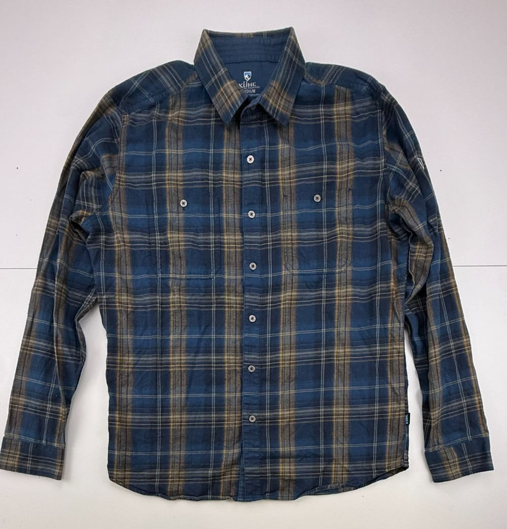 KUHL Mens Medium Plaid Flannel Shirt Blue Tan Long Sleeve Cotton Tencel Outdoor